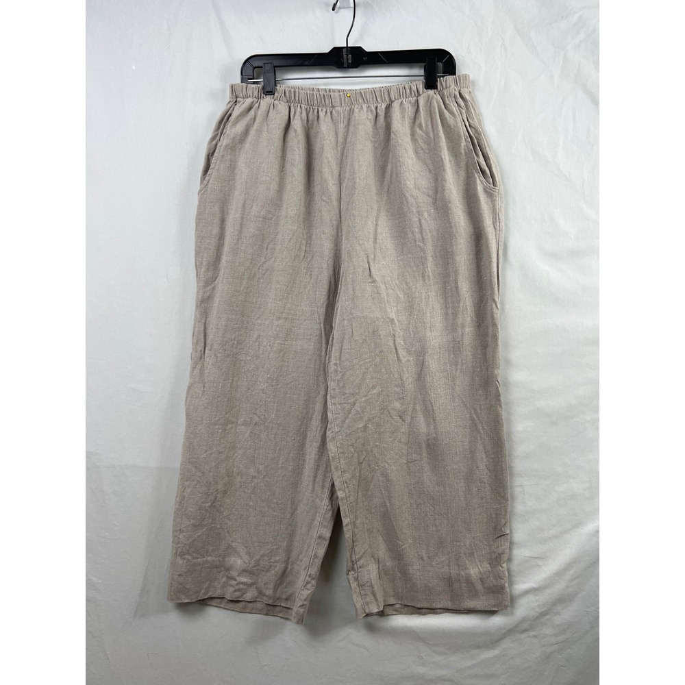 Flax Pants Women Medium Beige 100% Linen Wide Leg Crop Lagenlook Pockets Beach